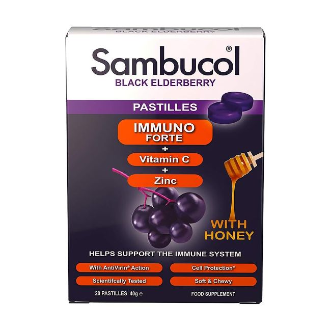 SAMBUCOL IMMUNO FORTE juodasis šeivamedis imunitetui, 20 kreamtomųjų tablečių
