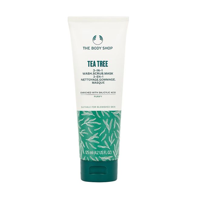 THE BODY SHOP TEA TREE 3-IN-1 veido prausiklis, šveitiklis, kaukė, 125 ml