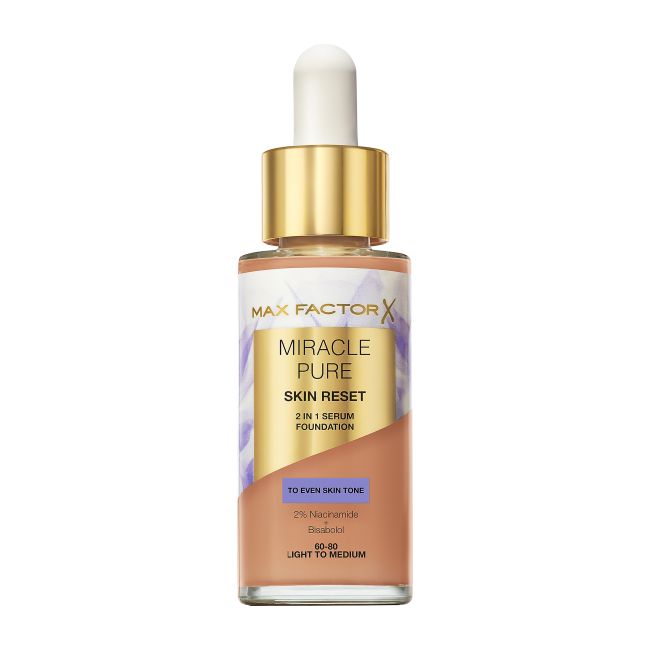 MAX FACTOR MIRACLE PURE SKIN RESET 2 IN 1 makiažo pagrindas su serumu, 30 ml