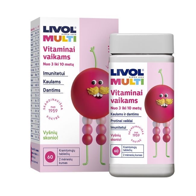 LIVOL MULTI vitaminai vaikams, vyšnių skonio, 60 kramtomųjų tablečių