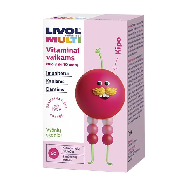LIVOL MULTI vitaminai vaikams, vyšnių skonio, 60 kramtomųjų tablečių