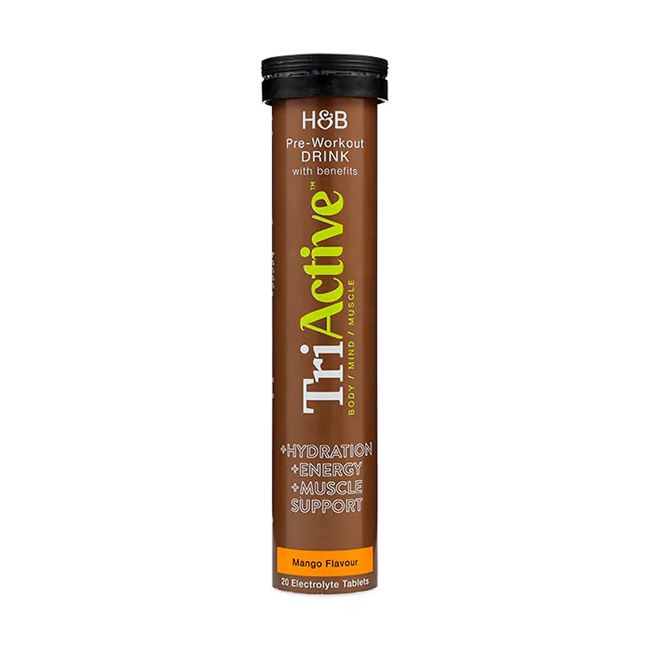 H&B TRI ACTIVE PRE WORKOUT elektrolitai, mangų skonio, 20 šnypščiųjų tablečių