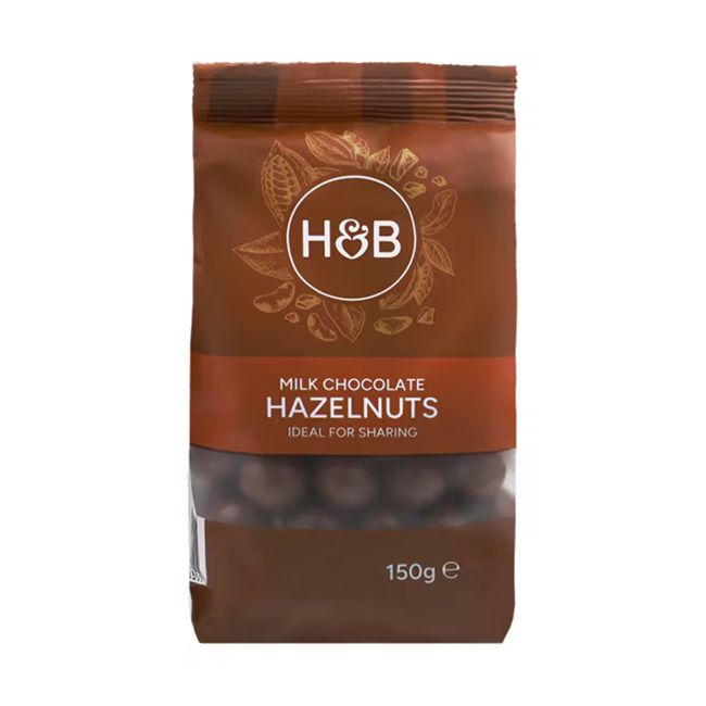 HOLLAND & BARRETT skrudinti lazdyno riešutai padengti pieniniu šokoladu, 150 g