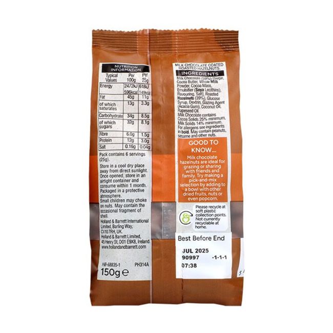 HOLLAND & BARRETT skrudinti lazdyno riešutai padengti pieniniu šokoladu, 150 g