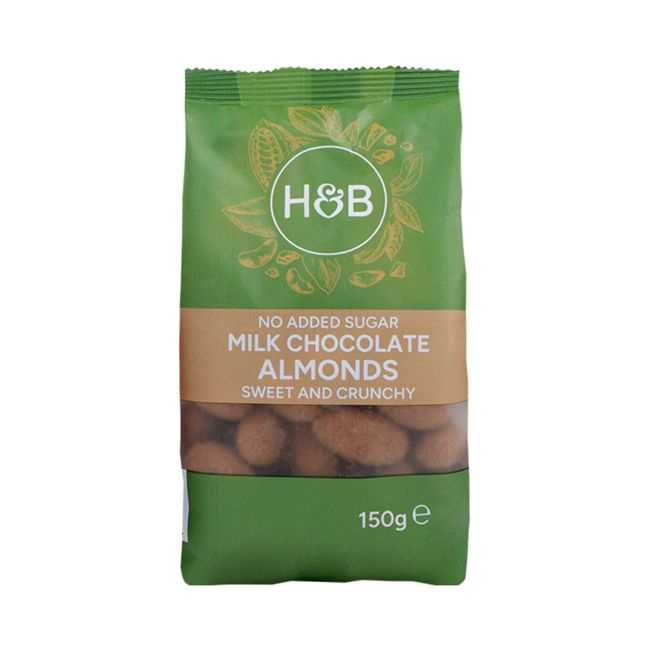 HOLLAND & BARRETT migdolai padengti pieniniu šokoladu be pridėtinio cukraus, 150 g