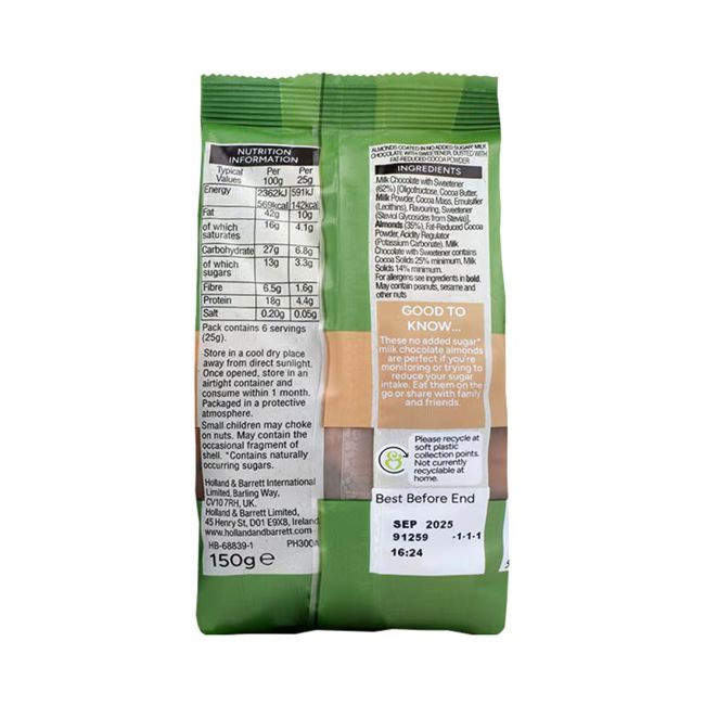 HOLLAND & BARRETT migdolai padengti pieniniu šokoladu be pridėtinio cukraus, 150 g