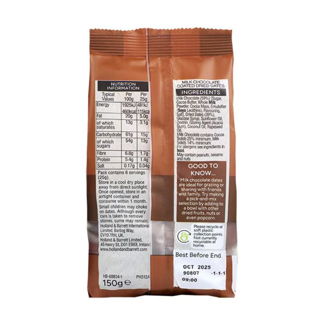 HOLLAND & BARRETT datulės padengtos pieniniu šokoladu, 150 g