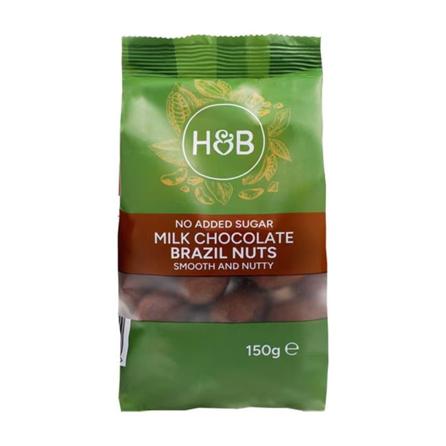 HOLLAND & BARRETT bertoletijų riešutai pieniniame šokolade be pridėtinio cukraus, 150 g
