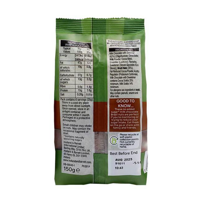 HOLLAND & BARRETT bertoletijų riešutai pieniniame šokolade be pridėtinio cukraus, 150 g