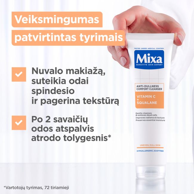 MIXA ANTI-DULLNESS VOMFORT veido prausiklis pilko atspalvio odai prižiūrėti, 150 ml