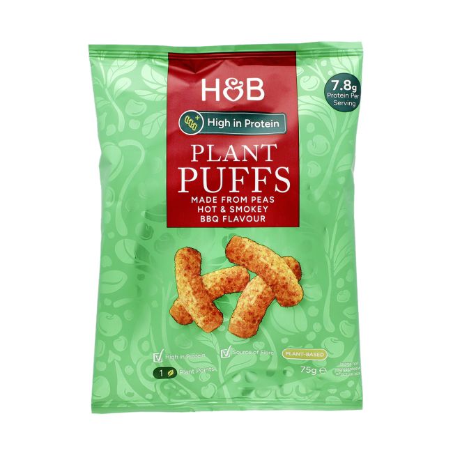 H&B pūsti augaliniai baltyminiai traškučiai su aštriu ir dūminiu BBQ skoniu, 75 g