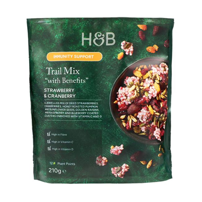 H&B TRAIL MIX WITH BENEFITS STRAWBERRY&CRANBERRY džiovintų vaisių, sėklų ir riešutų mišinys, 210 g