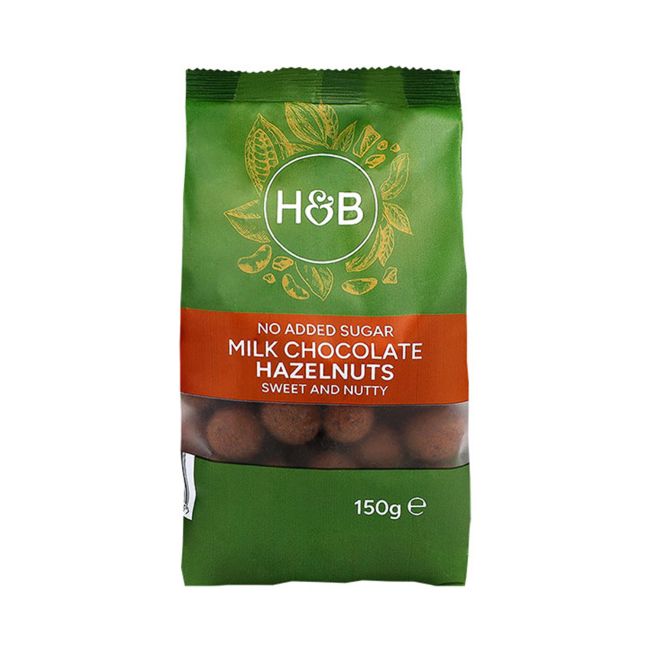 H&B pieniniu šokoladu dengti lazdyno riešutai be pridėtinio cukraus, 150 g