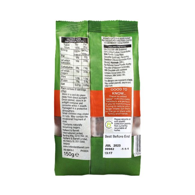 H&B pieniniu šokoladu dengti lazdyno riešutai be pridėtinio cukraus, 150 g