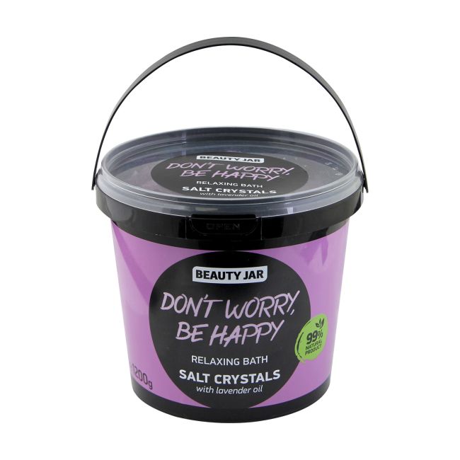 BEAUTY JAR DON'T WORRY BE HAPPY vonios druskos kristalai su levandų aliejumi, 1200 g