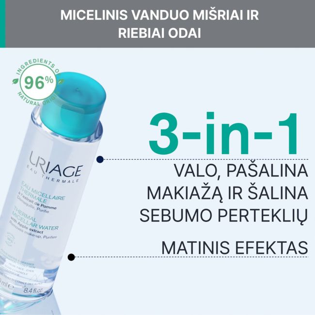 URIAGE EAU THERMALE valomasis micelinis vanduo mišriai, riebiai odai prižiūrėti, 250 ml