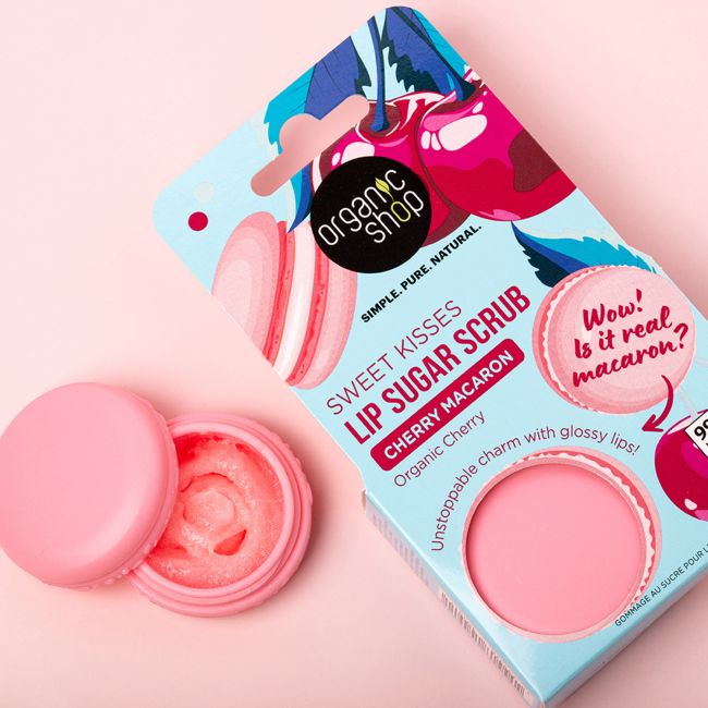 ORGANIC SHOP CHERRY MACARON lūpų cukraus šveitiklis, 10 ml