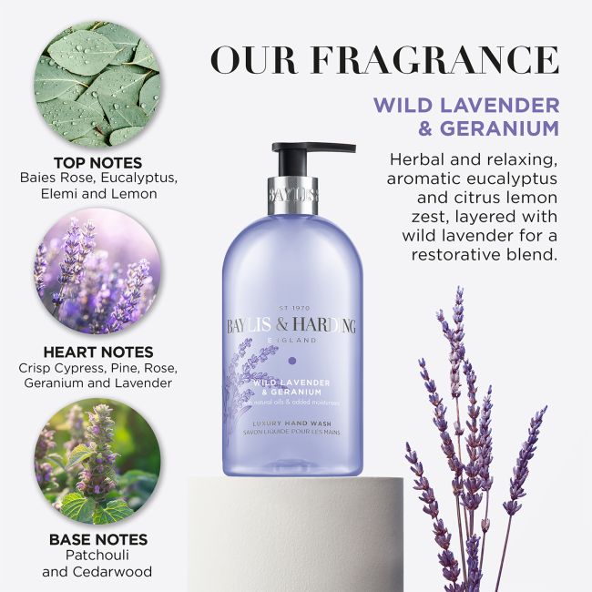 BAYLIS & HARDING WILD LAVENDER & GERANIUM rankų prausiklis, 500 ml