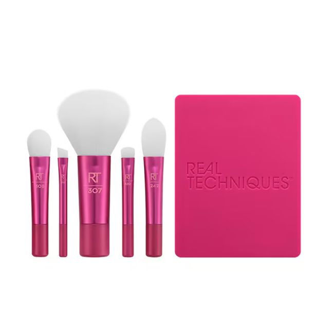 REAL TECHNIQUES VIVID ESCAPE GLOW-TO+GO kelioninis makiažo šepetėlių rinkinys