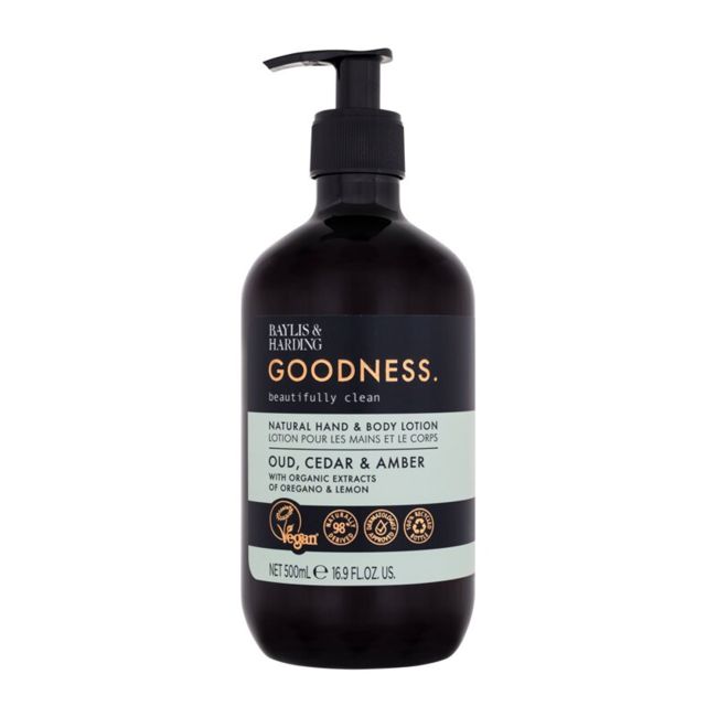 BAYLIS & HARDING GOODNESS OUD, CEDAR & AMBER rankų ir kūno losjonas, 500 ml