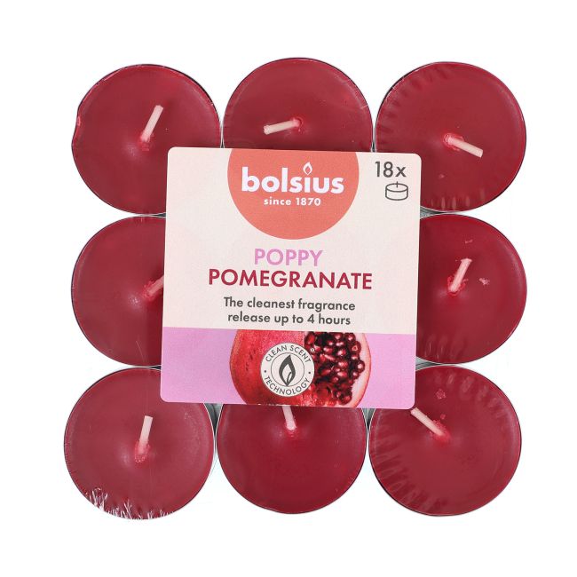 BOLSIUS POPPY POMEGRANATE 4H žvakės - tabletės (18 vnt.)
