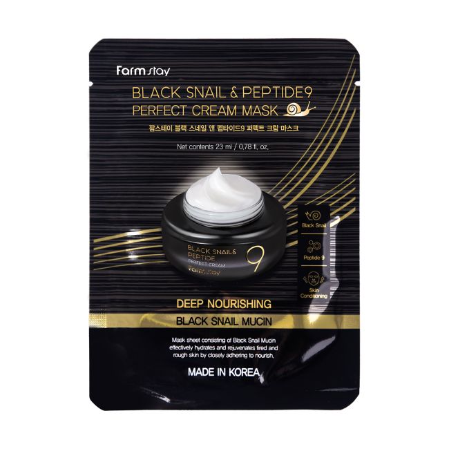 FARMSTAY BLACK SNAIL & PEPTIDE9 PERFECT CREAM veido kaukė, 23 ml
