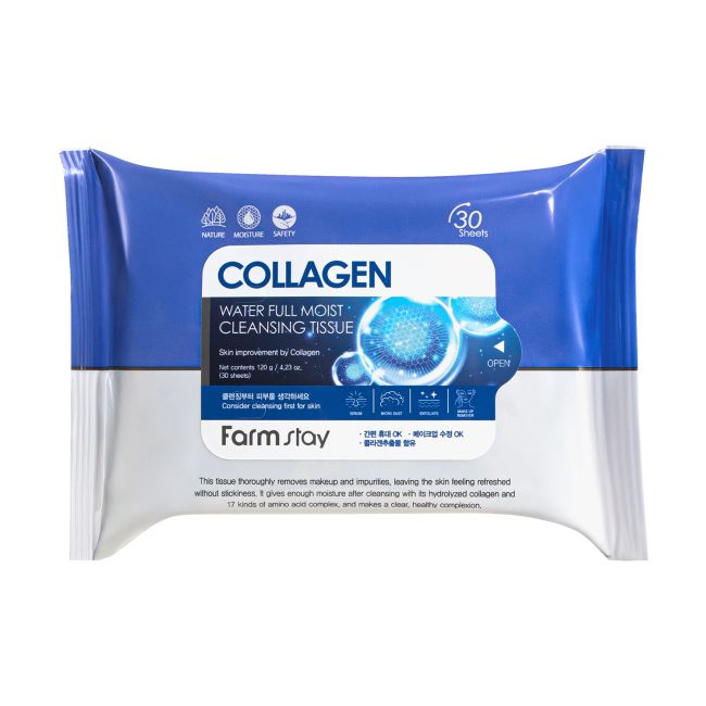 FARMSTAY COLLAGEN WATER FULL MOIST drėgnos servetėlės makiažui valyti (30 vnt.)