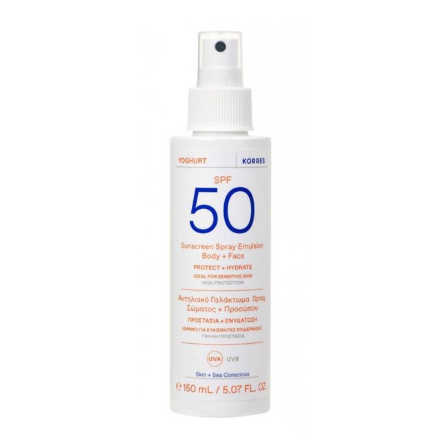 KORRES YOGHURT SPF50 purškiamoji kūno ir veido apsauginė emulsija nuo saulės, 150 ml