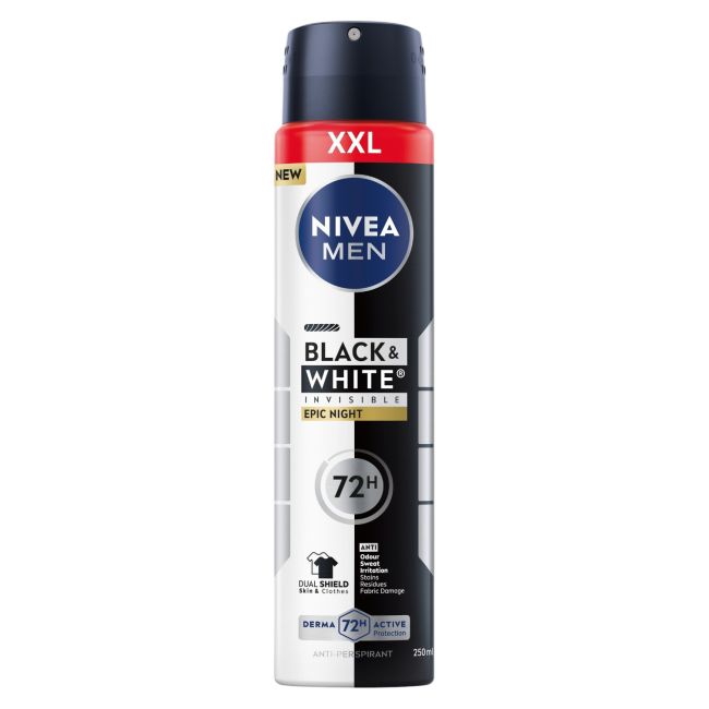 NIVEA MEN BLACK & WHITE INVISIBLE EPIC NIGHT purškiamasis dezodorantas, 250 ml