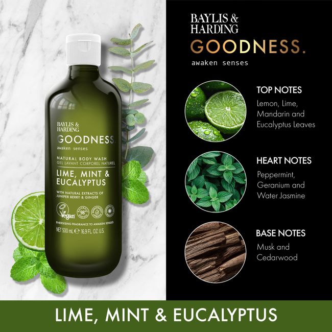 BAYLIS & HARDING GOODNESS LIME, MINT & EUCALYPTUS kūno prausiklis, 500 ml
