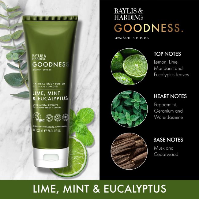 BAYLIS & HARDING GOODNESS LIME, MINT & EUCALYPTUS kūno šveitiklis, 225 ml