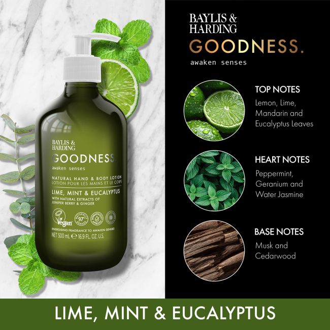 BAYLIS & HARDING GOODNESS LIME, MINT & EUCALYPTUS rankų ir kūno losjonas, 500 ml