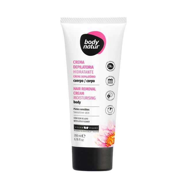BODY NATUR MOISTURISING depiliacinis kūno kremas jautriai odai su lotosu, 200 ml