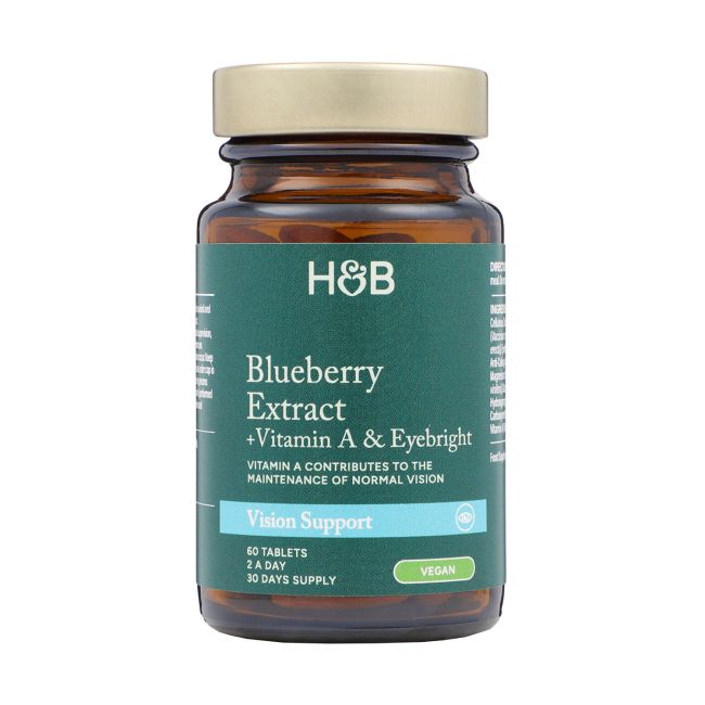 H&B mėlynių ekstraktas su vitaminu A ir akišveite regėjimui, 60 tablečių