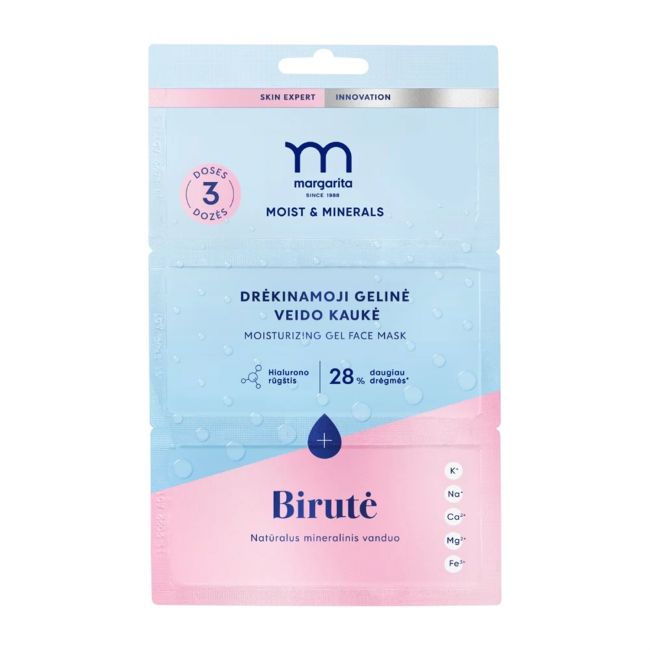 MARGARITA MOIST & MINERALS drėkinamoji želė veido kaukė su Birutė mineraliniu vandeniu (3 x 7 g)