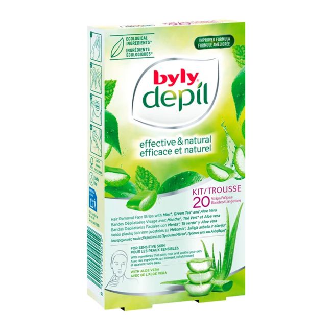 BYLY EFFECTIVE & NATURAL MINT & GREEN TEA veido depiliacinės juostelės (20 vnt.)