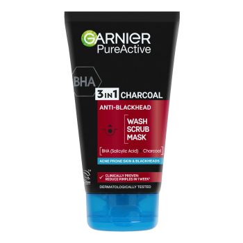 GARNIER PURE ACTIVE INTENSIVE 3 IN 1 CHARCOAL veido prausiklis, kaukė ir šveitiklis,