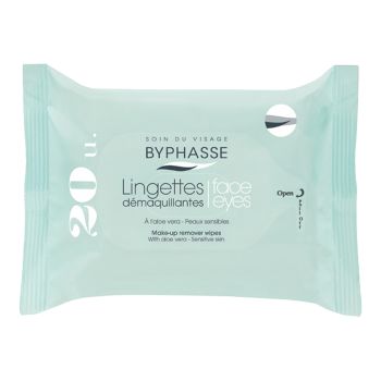 BYPHASSE ALOE VERA drėgnos servetėlės veido ir akių makiažui valyti (20 vnt.)