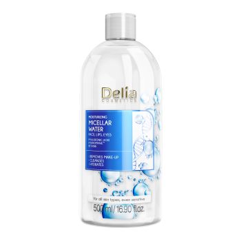 DELIA MOISTURIZING micelinis vanduo veido, lūpų ir akių makiažui valyti, 500 ml