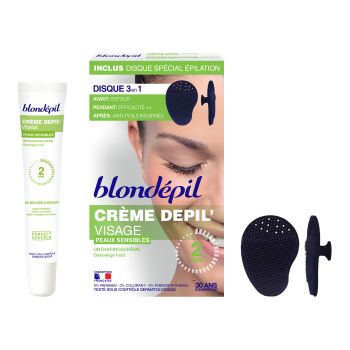 BLONDEPIL DISQUE 3 EN 1 veido depiliacinis kremas ir šveičiamasis diskelis, 20 ml