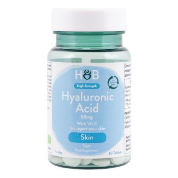 H&B HIGH STRENGTH hialurono rūgštis 50 mg su vitaminu C, 30 tablečių