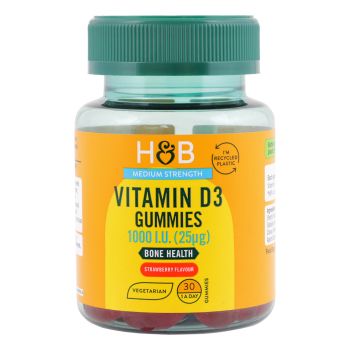 H&B MEDIUM STRENGTH vitaminas D3 1000 TV, braškių skonio, 30 guminukų