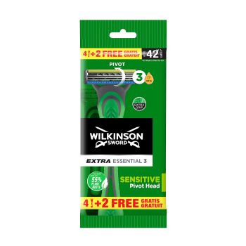 WILKINSON SWORD EXTRA ESSENTIAL 3 SENSITIVE vienkartiniai vyrų skustuvai (4 + 2 vnt.)