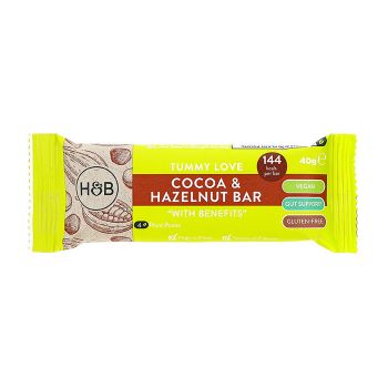 HOLLAND & BARRETT TUMMY LOVE COCOA HAZELNUT WITH BENEFITS kakavos ir lazdynų riešutų batonėlis, 40 g