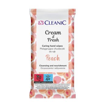 CLEANIC CREAM & FRESH PEACH rankų priežiūros servetėlės (15 ml)