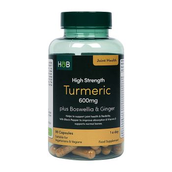 H&B HIGH STRENGTH ciberžolė 600 mg, bosvelija ir imbieras, 90 kapsulių