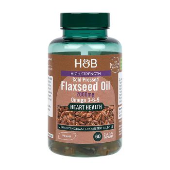 H&B HIGH STRENGTH šalto spaudimo linų sėmenų aliejus 2000 mg, 60 kapsulių