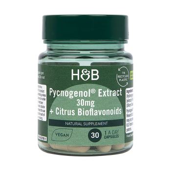 H&B PYCNOGENOL® jūrinės pušies žievės ekstraktas 30 mg ir citrusinių vaisių bioflavonoidai, 30 kap.