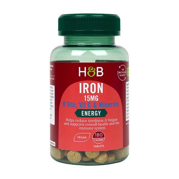 H&B geležis 15 mg, B grupės vitaminai, vitaminas C ir mineralai, 180 tablečių