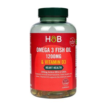 H&B omega 3 žuvų taukai 1200 mg ir vitaminas D3, 120 kapsulių